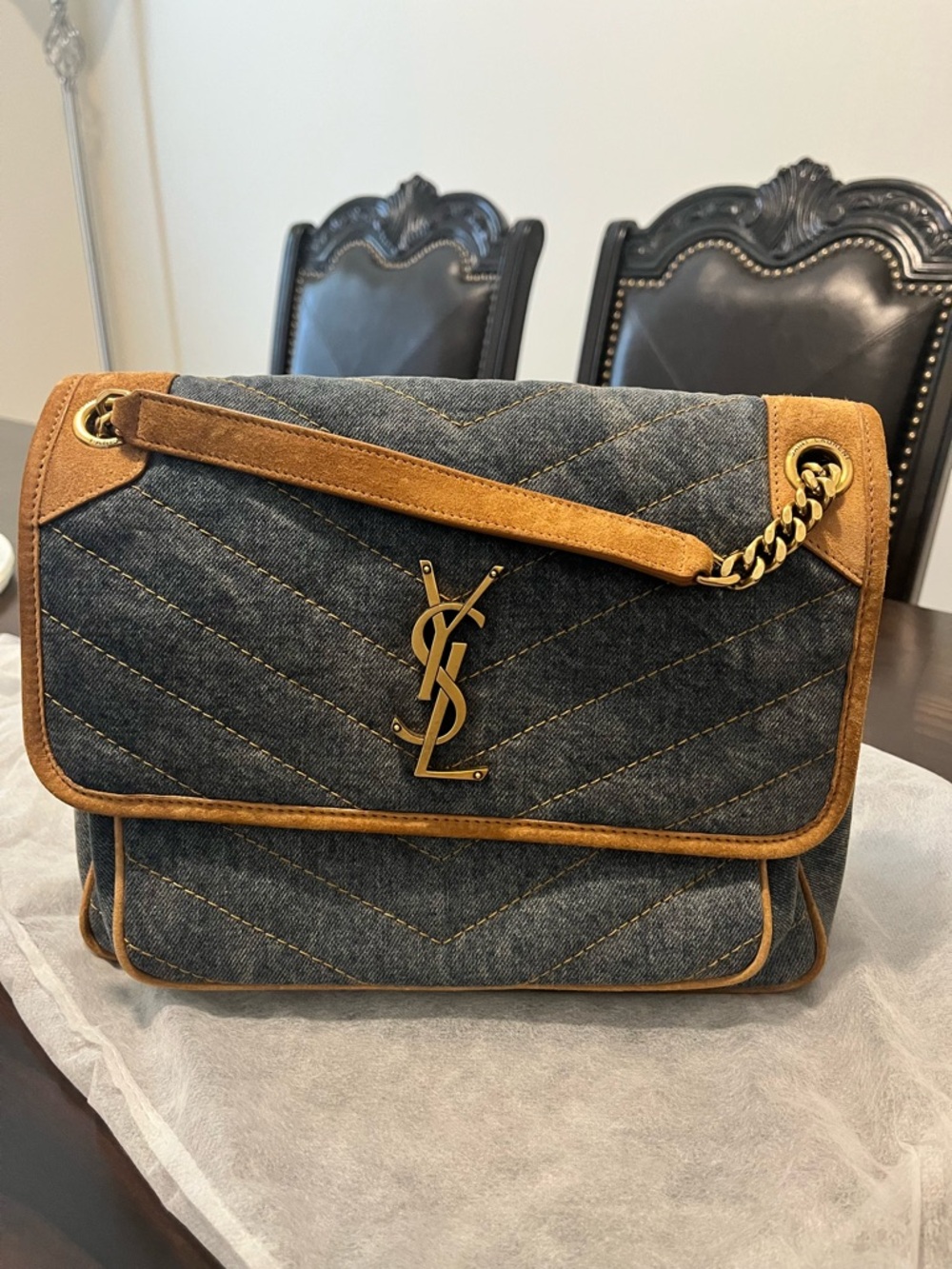 Saint Laurent Denim Niki Tan Suede Quilted Shoulder Bag with Gold Hardware